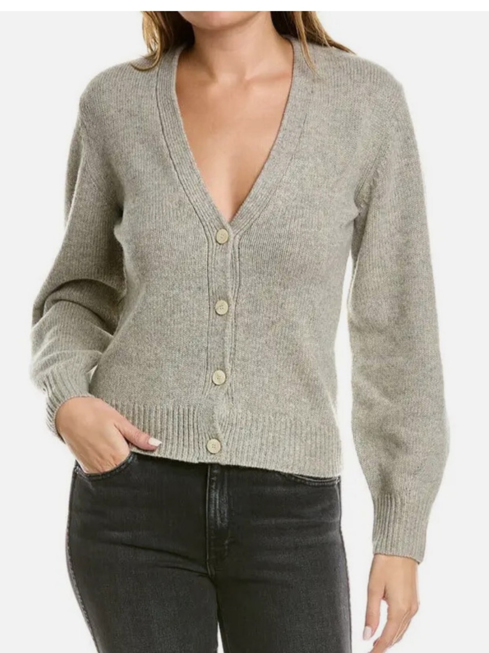 Theory Neutral Taupe V-Neck Wool-Cashmere Cardigan
